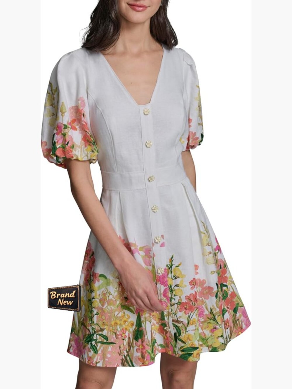 Karl Lagerfeld Short Sleeve V-Neck Linen Fit & Flare Dress